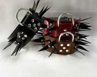 3&#39; Spiky Wide Dog Collar Chain set Buffalo Leather M/L/XL/XXL