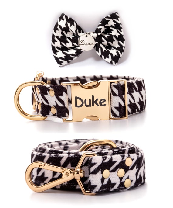 Houndstooth Free Personalized Dog Collar Leash Bow Tie Set 