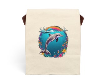 Happy Dolphin Canvas Lunch Bag With Strap