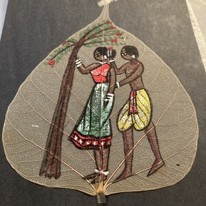 Couple under tree. Hand painted on a real tree leaf.                                    Leaf37couple