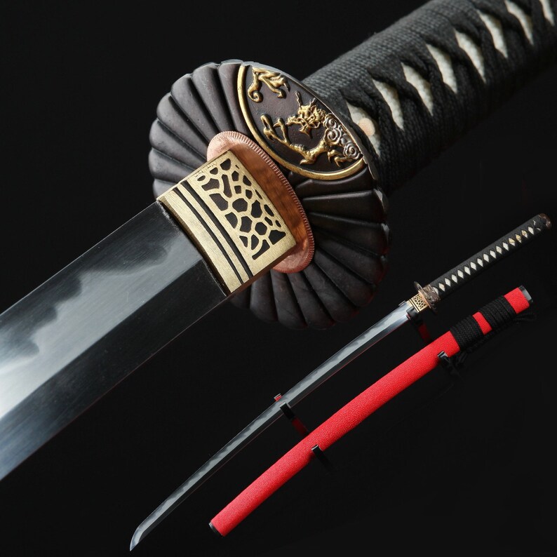 Red Rayskin T10 Steel Clay Tempered Real Hamon Katana Etsy
