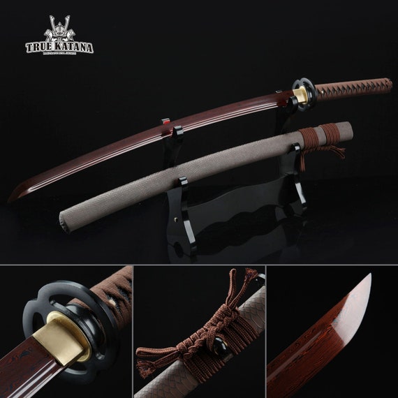 Echte Damast Stahl Rote Klinge Japanische Katana Samurai Etsy