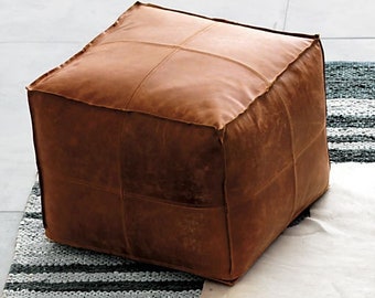 ottoman Boho leather cube pouf, Authentic Morrocan leather tan handmade pouffe, morrocan Ottoman footstool bohemian interior design