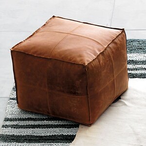 ottoman Boho leather cube pouf, Authentic Morrocan leather tan handmade pouffe, morrocan Ottoman footstool bohemian interior design