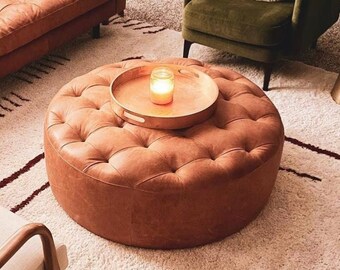 luxury tufted round Morrocan ottoman, authentic leather footstool , handmade leather pouf ,ottoman footstool , ottoman table tufted coffe