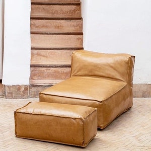 Leather armless sofa with a square ottoman - Boho leather Lounger | Handmade Leather Sofa, Couch, Bean Bag, for Rustic Living Room & Bedroom