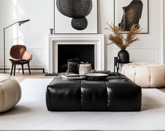 The Black Moroccan Pouf,A Luxurious Footstool and Bohemian Seating Marvel",black Moroccan pouf, black Leather Ottoman,