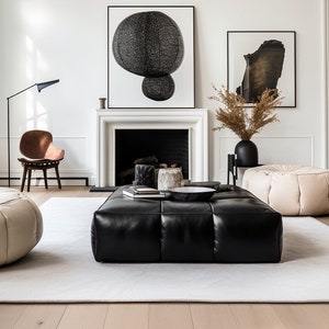 The Black Moroccan Pouf,A Luxurious Footstool and Bohemian Seating Marvel",black Moroccan pouf, black Leather Ottoman,