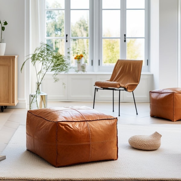 square Moroccan pouf, footstool Leather Pouf, Tan Leather Ottoman, bohemian seating, Tan Leather Cushion, Tan Leather Pouf, genuine leather