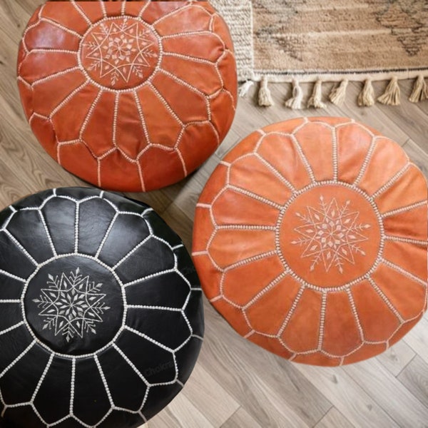 Moroccan-ottoman pouf with beige Stitching - Living Room Pouf - Moroccan Pouf - Leather Pouf