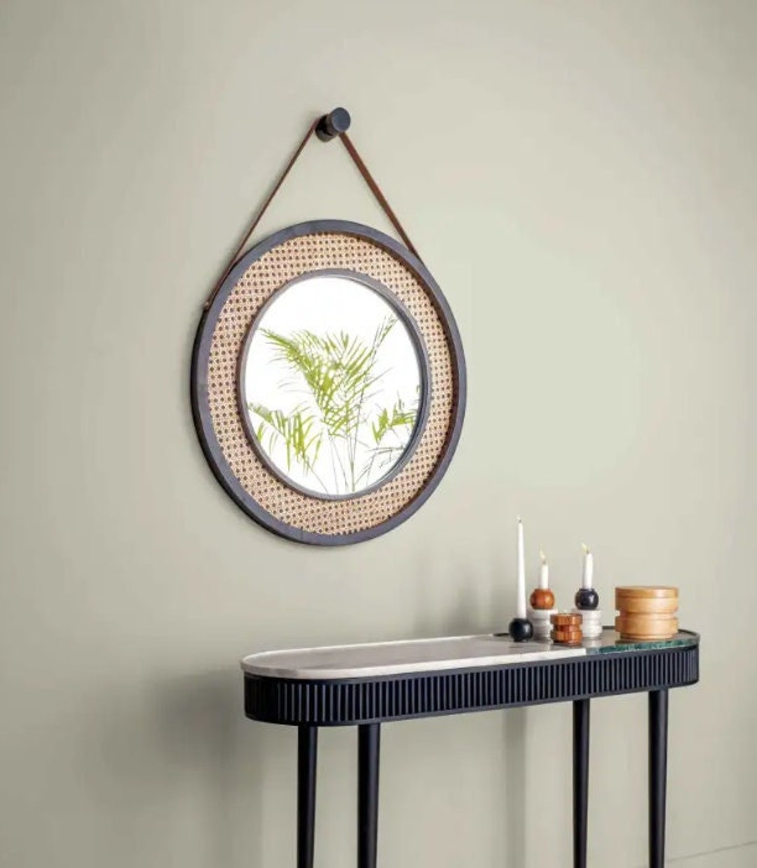 Round Black RATTAN STANDING MIRROR Handmade rattan Etsy