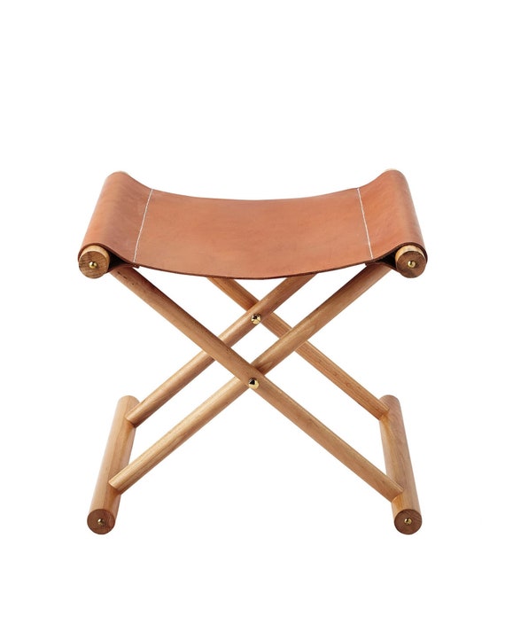 Handmade Leather Stool Leather Folding Chair With Wood Frame Etsy