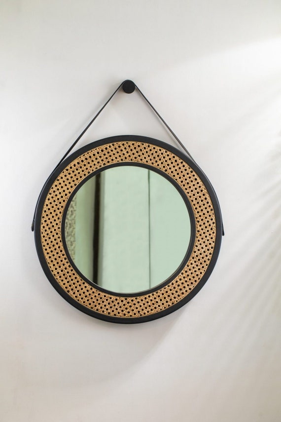 Round Black RATTAN STANDING MIRROR Handmade rattan Etsy