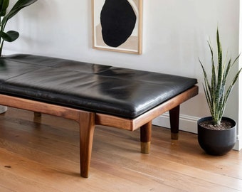 Black Leather Bench Cushion - Stuffed Rectangular Floor Seat Pad - Entryway Seating Cushion - Genuine Leather - Handcrafted
