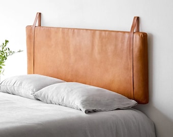 Leather Hanging Headboard With Straps Light Tan Leather KING QUEEN