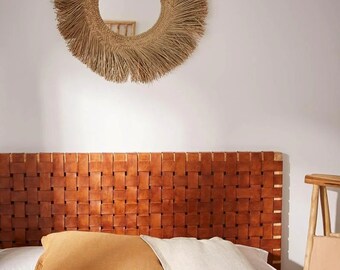 Woven leather strap headbaord,  naturally stunning headboard , wall hanging leather straps headbaord, wall art hanging