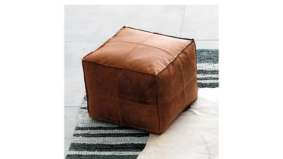 Leather Cube Pouf Ottoman, Tan, Stuffed