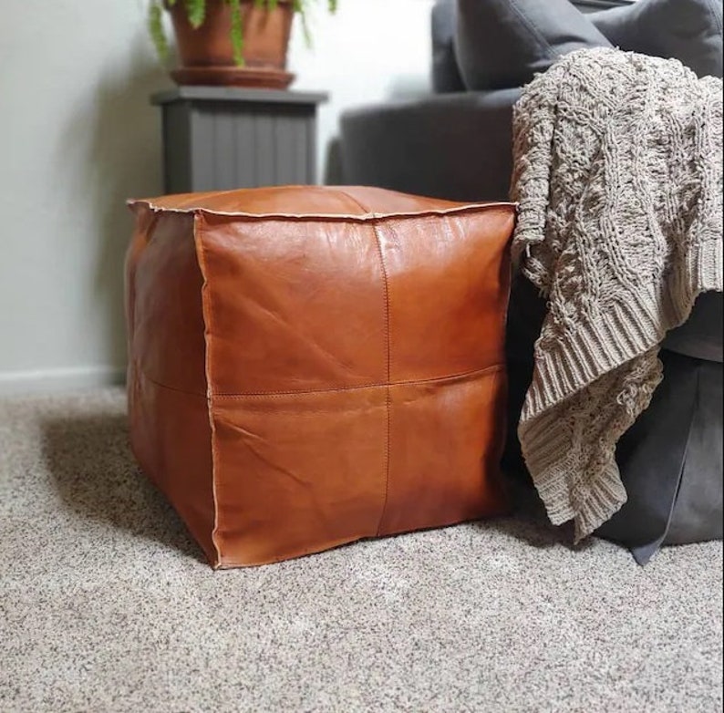 Ottoman Boho Leather Cube Pouf Authentic Morrocan Leather Tan Etsy