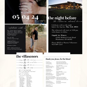 May include: A wedding invitation with a black and white design. The invitation features a photo of the couple, the date "05 04 24", and the names "Tommy & Maggie". The invitation also includes the text "Celebrate with us" and "The Villasenors Rehearsal Dinner".
