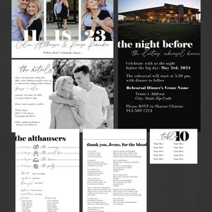 May include: Wedding invitation suite with photos of the couple, event details, and a rehearsal dinner announcement. Includes a schedule, guest list, and a religious hymn. The design is black and white with elegant fonts.