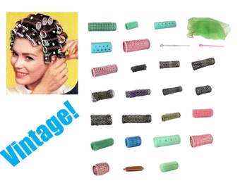 OPTION 2 - 1930s/1950s/1960s Mid Century Antique Vintage Hair ~3 in Brush Velcro Mesh Rollers Curlers Heatless Plastic Metal Pins Pink/Green