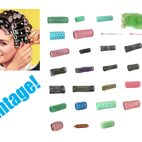 OPTION 1 - 1930s/1950s/1960s Mid Century Antique Vintage Hair ~3 in Brush Velcro Mesh Rollers Curlers Heatless Plastic Metal Pins Pink/Green