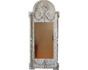 Vintage 1999 Grecian Greek 1990s Ornate Distressed White Scroll Mirror Wall Hanging Dayton Hudson Heavy Resin Plaster of Paris 21x9x1 in
