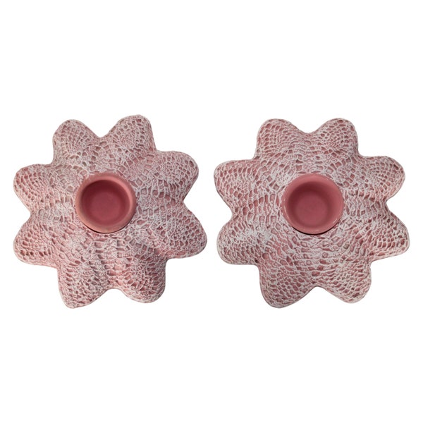 Lot Set 2 Vintage 1980s Handmade Pink Sea Star Starfish Ceramic Pottery Porcelain Tealight Tea Light Candle Holder 5 in 5" Matte Textured