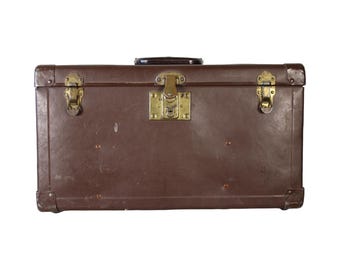 Antique Vintage 1940s (1833-1975) Eagle Lock Small Trunk Toolbox Tackle Tool Box Chest Case Brass Bronze Metal Leather Brown Green 19x10 in