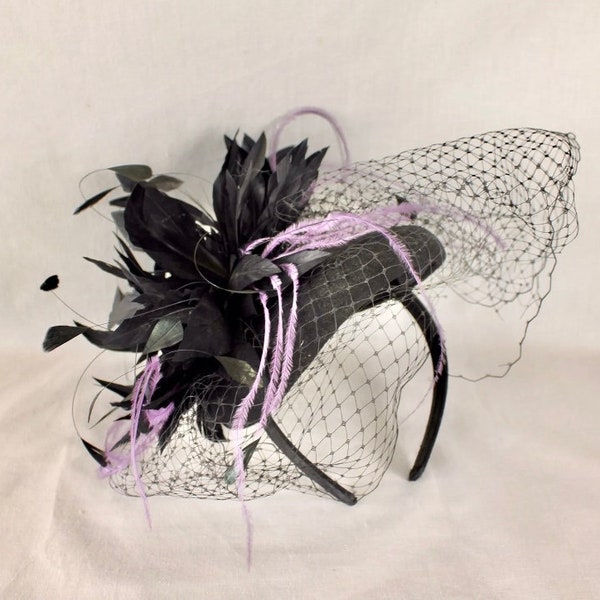 Vintage Antique 1930s 1940s Women's Ladies Fancy Elegant Black Wool Felt Veil & Purple Violet Feather Fascinator Hat Cap Head Band Piece