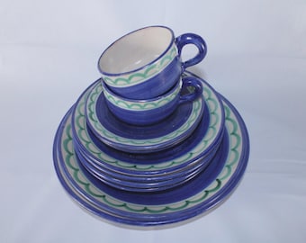 Lot 10 Handgemachte Vintage Mid Century Modern MCM Vietri Keramik Terrakotta Steingut Keramik Italien Matt Blau Grün Geschirr Geschirr Set