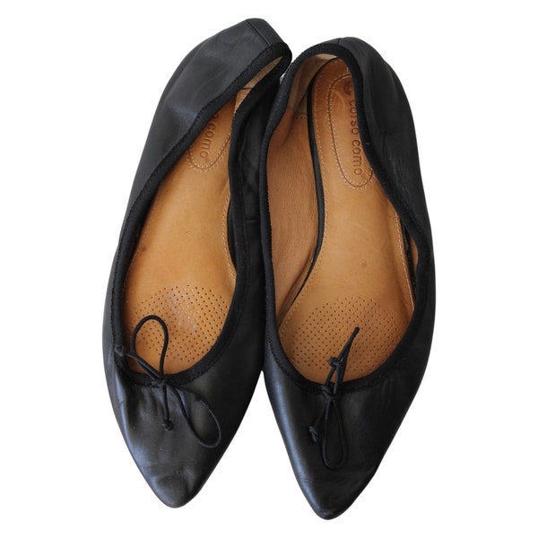 Vintage 1990s 1980s Corso Como Pointed Point Toe Toes Dress Shoes Flat Flats Drawstring Women Womens Women's Size 7 M Black Genuine Leather