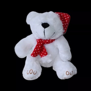 Hunson Trading Ltd White Red Polka Dots Scarf & Cap Winter Polar Teddy Bear 13&quot; Polyester Plush Stuffed Animal Toy for Ages 3+ PA-10848(CN)