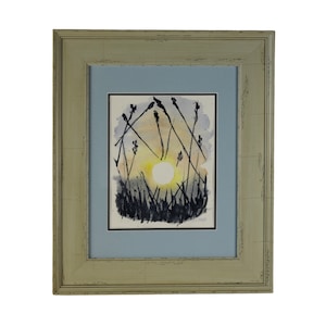 Handmade Original Watercolor Painting Artwork Ocean Beach Grass Reed Sunset Matted & Framed Signed by Artist 11x14 in (19x16x1&quot; Exterior)