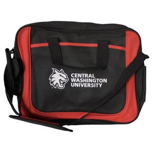 May include: Black and red laptop bag with a white logo that says "Central Washington University" and a white wolf mascot.