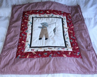 Handmade Quilt Wall Hanging Hand Stitched Boy Fishing Pole Outdoors Country Western Rural Life Tackle Plaid Pink Red Green Brown 36x34 in