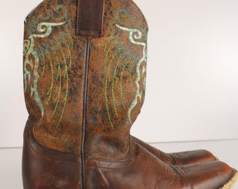 Ariat Boots Women's Size 4 Brown Genuine Leather Country Western Embroidered Brown Square Toe 4LR Cowboy Cowgirl 10019918 4300055314 Flawed