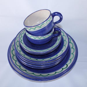 Lot 10 Handmade Vintage Mid Century Modern MCM Vietri Ceramic Terracotta Earthenware Pottery Italy Matte Blue Green Dishes Dinnerware Set