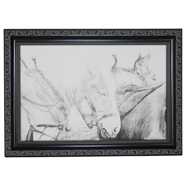 Black & White Canvas Oil Painting Print Impression Industrial Frame Horses Western Country Riding Farm Signed Hengen 8x12 in