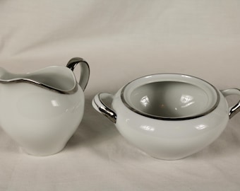 Harmony House Moderne #3545 Porcelain Ceramic White Silver Rim Fine China Cream Sugar Bowl Set Lot of 2 Made in Japan 3545 Vintage 1960s MCM