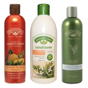 May include: Three bottles of Nature's Gate conditioner. The bottles are orange, white, and green. The orange bottle is labeled "Mandarin Orange & Patchouli" and the green bottle is labeled "Lemongrass & Clary Sage". Each bottle is 12 fl oz (354 ml).