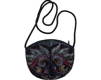 Bolso de noche vintage MCM antiguo de los años 50, hecho a mano, con cuentas, multicolor, pequeño, con correa de hombro, negro, 20,3 x 15,2 x 2,5 cm