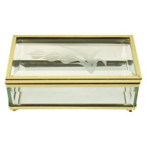 Vintage MCM Mid Century Modern 1950s Brass Metal Frame Floral Etched Clear Beveled Glass Mirror Mirrored Footed Trinket Jewelry Box 4.5x2.5&quot;