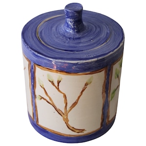 Handmade Vintage 2004 Studio Pottery Hand Building Ceramic Large Quart 32 oz Blue Brushed Green Tree Leaf Storage Lidded Lid Jar Signed 8x6&quot;