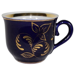 Vintage 1980s Lomonosov Ceramic Pottery Porcelain Bone China Dark Cobalt Blue Teacup Cup Only Gold Rim Floral RUSSlAN USŠR 4.5x3.5x3 in