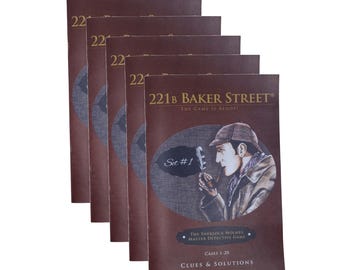 May include: A stack of five brown paperbacks with the title "221B Baker Street" and the subtitle "The Game Is Afoot!"  The cover features an illustration of Sherlock Holmes looking through a magnifying glass. The text "Set #1" is visible in a circle on the cover. The text "The Sherlock Holmes Master Detective Game" and "Cases 1-20" are also visible on the cover. The text "Clues & Solutions" is printed at the bottom of the cover.