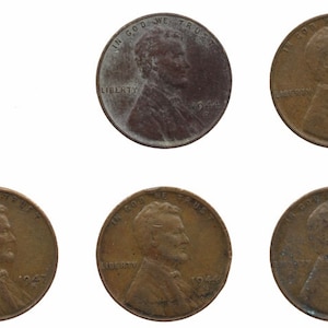 Bundle Set Lot of 5 Antique Vintage Collectible 1940s 1947 1944 1942 WWII Era Copper Lincoln Wheat Pennies One Cent Piece USA &quot;D&quot; & &quot;S&quot; Mint