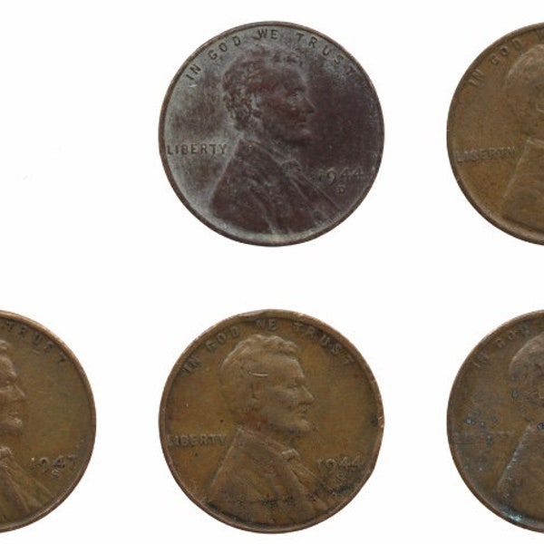 Bundle Set Lot of 5 Antique Vintage Collectible 1940s 1947 1944 1942 WWII Era Copper Lincoln Wheat Pennies One Cent Piece USA "D" & "S" Mint