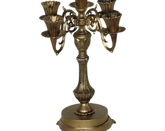 Vintage Candelabra 5 Five-Piece Arm Stick Candlestick Crome Antique Brass Finish Heavy Alloy Metal Ornate Victorian Style 13x7x7 in 4 lbs