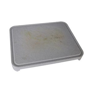 May include: A gray plastic cutting board with a textured surface. The board has a raised edge around the perimeter.